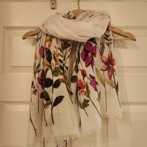 Floral Print Scarf - White with Multicolor Accents